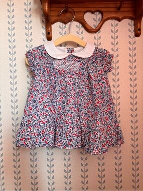 Janie and Jack Blue, Red & White Floral Peter Pan Collar Dressy Top